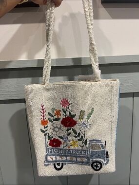 Beaded Floral Truck Tote Bag - Cream
